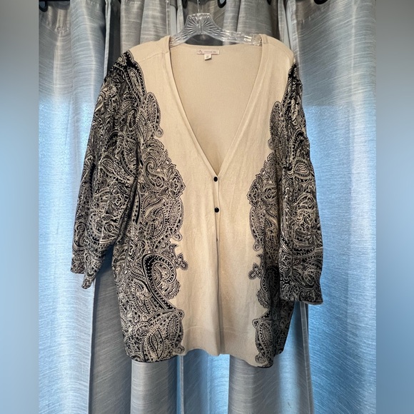 Cato Sweaters - Cato Cream and Black Lace Patterned Cardigan 
Office Casual Classy Feminine